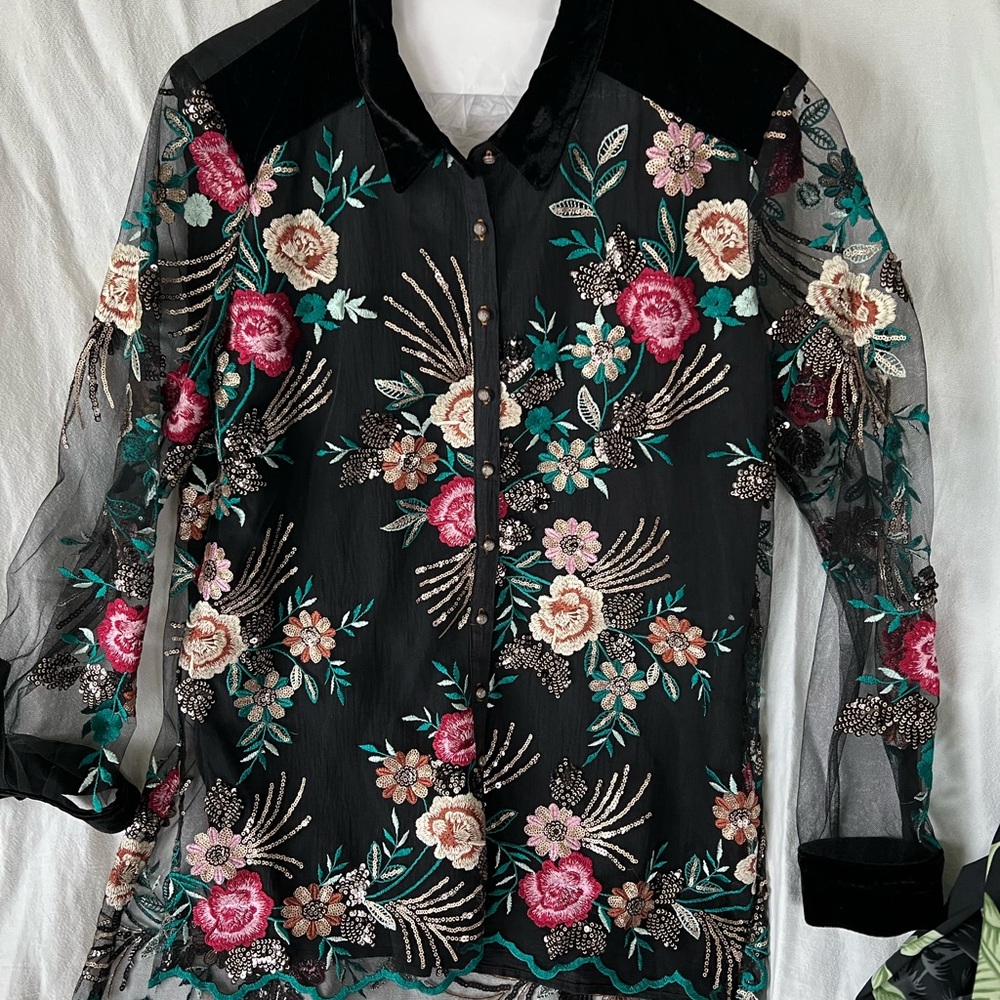 Embroidered Floral Sheer Button Down Shirt